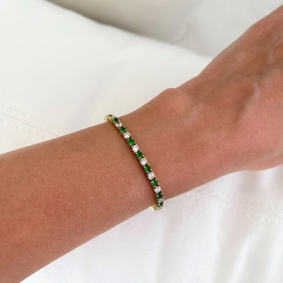 Ross Simons sterling silver 925 gold vermeil tennis link emerald CZ bracelet - Picture 4 of 11